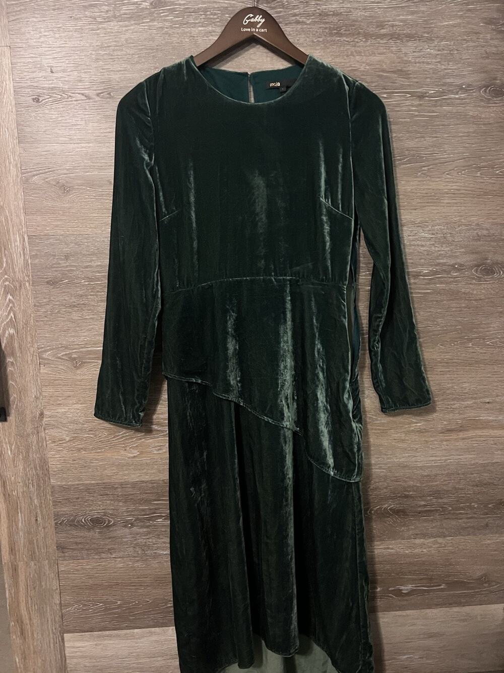 Maje Midi Velvet Dress Size 1 Small Moss Green Long Sleeve Retro Feminine Party